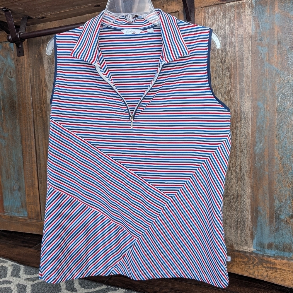 Lady Hagen Red White Blue Striped Collared Golf Tank Top - Women's Large